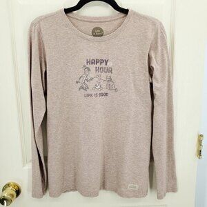 Life Is Good "Happy Hour" Camping-Themed Long Sleeve Crusher Tee M Tan